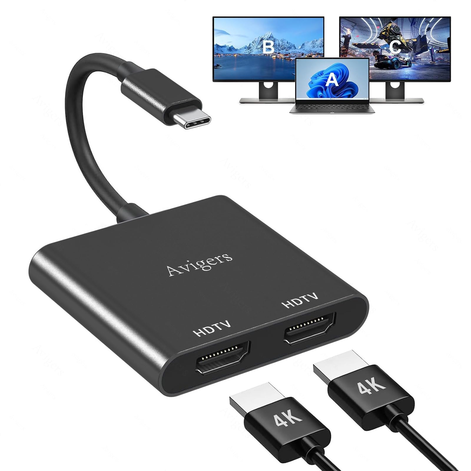 (2 in 1) USB C to Dual Hdmi Adapter for 2 Monitors, (MST is not Support on MacOS, MacOS Allows Monitor Display 2 Separate Screen
