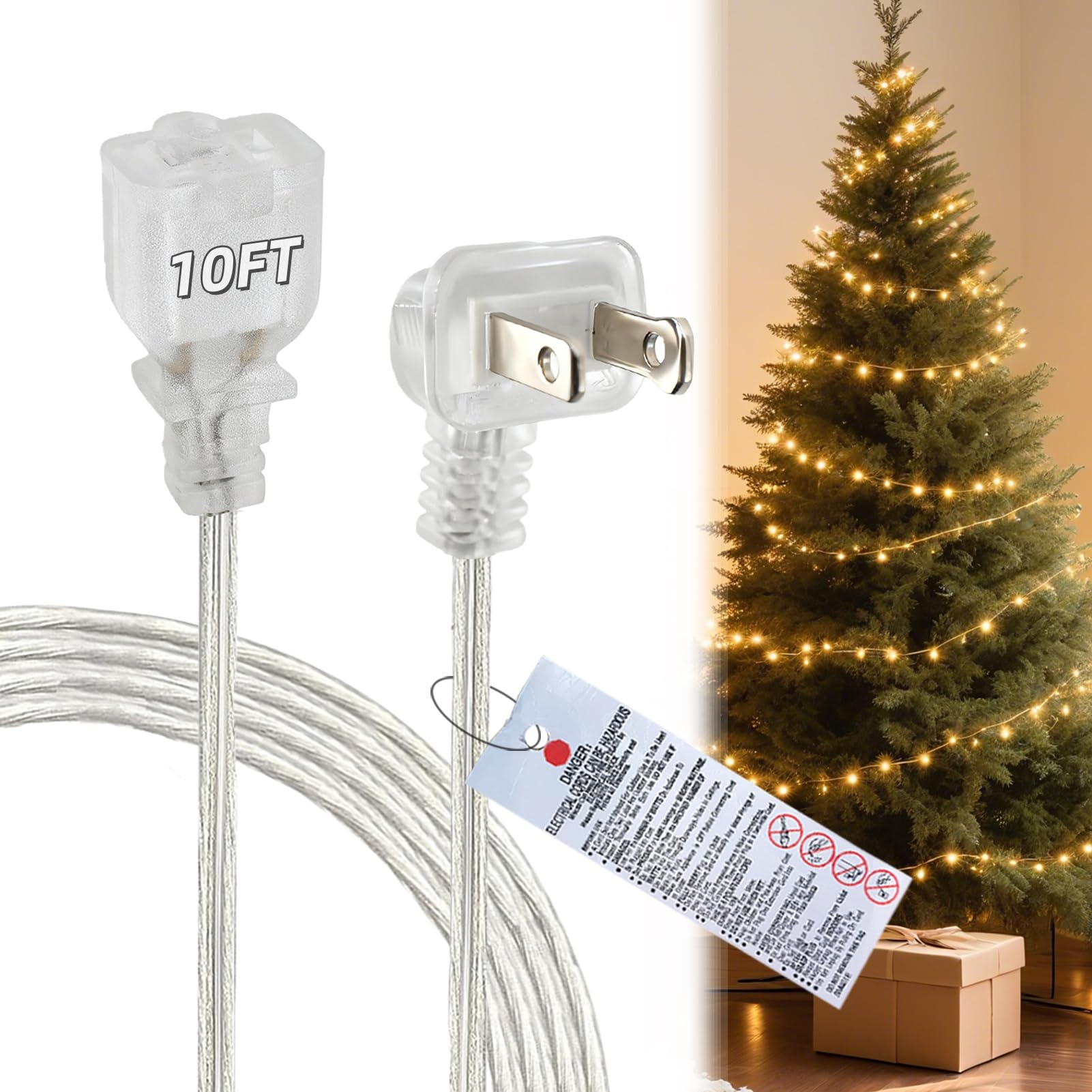 10 FT Clear Extension Cord,Indoor Thin 2 Prong Extension Cord with Flat Plug, Invisible Slim Extension Cable for Christmas Light