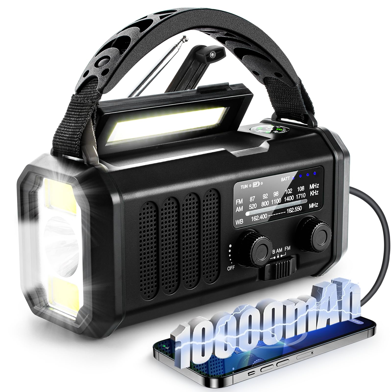 10000mAh Emergency Weather Radio,Portable FM/AM/NOAA Battery Powered Survival Radios&Power Bank,Solar/Hand Crank/Type-C Charger,