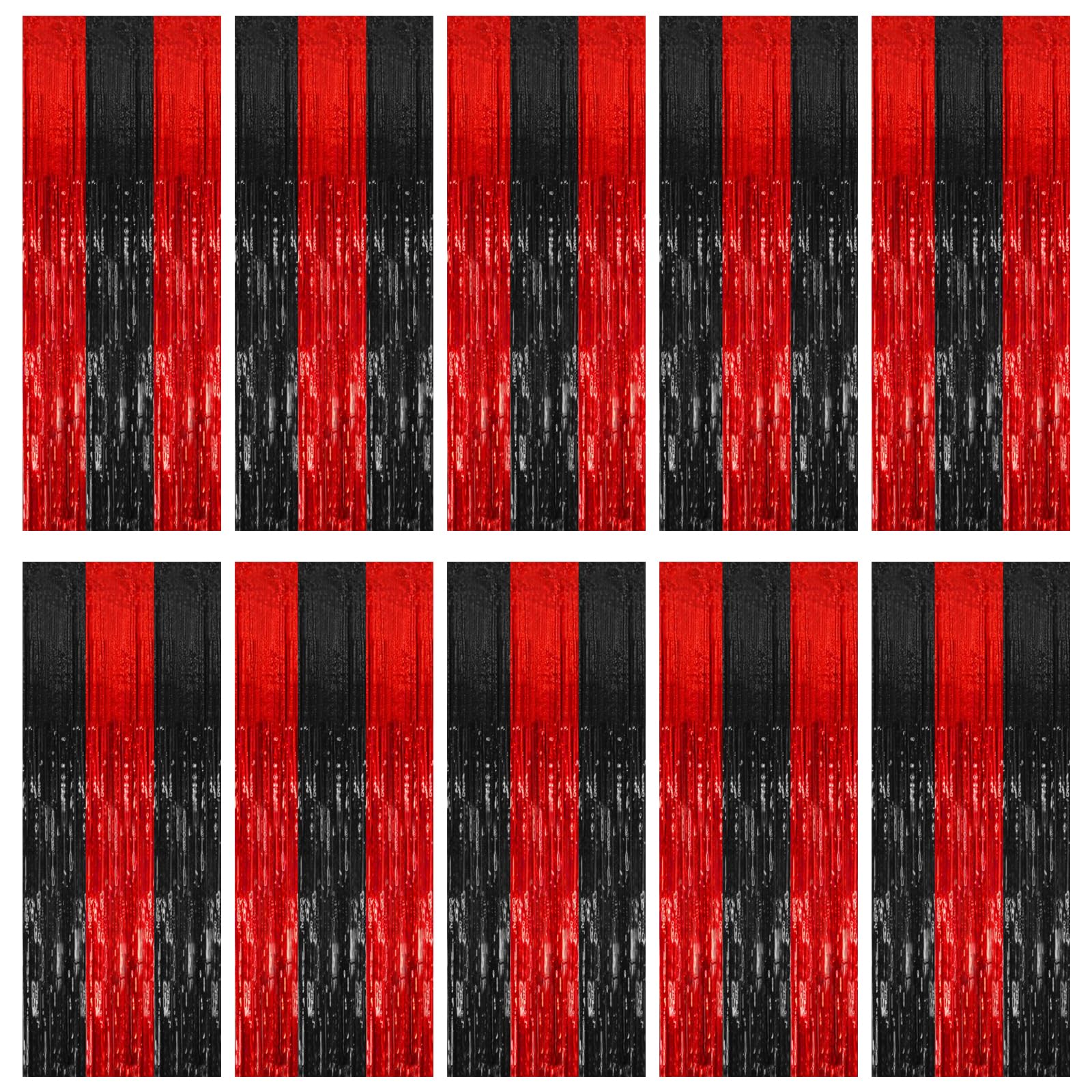 10 Pack Black and Red Party Backdrop Streamers Decorations Foil Fringe Curtains Metallic Tinsel Backdrop for Birthday Halloween