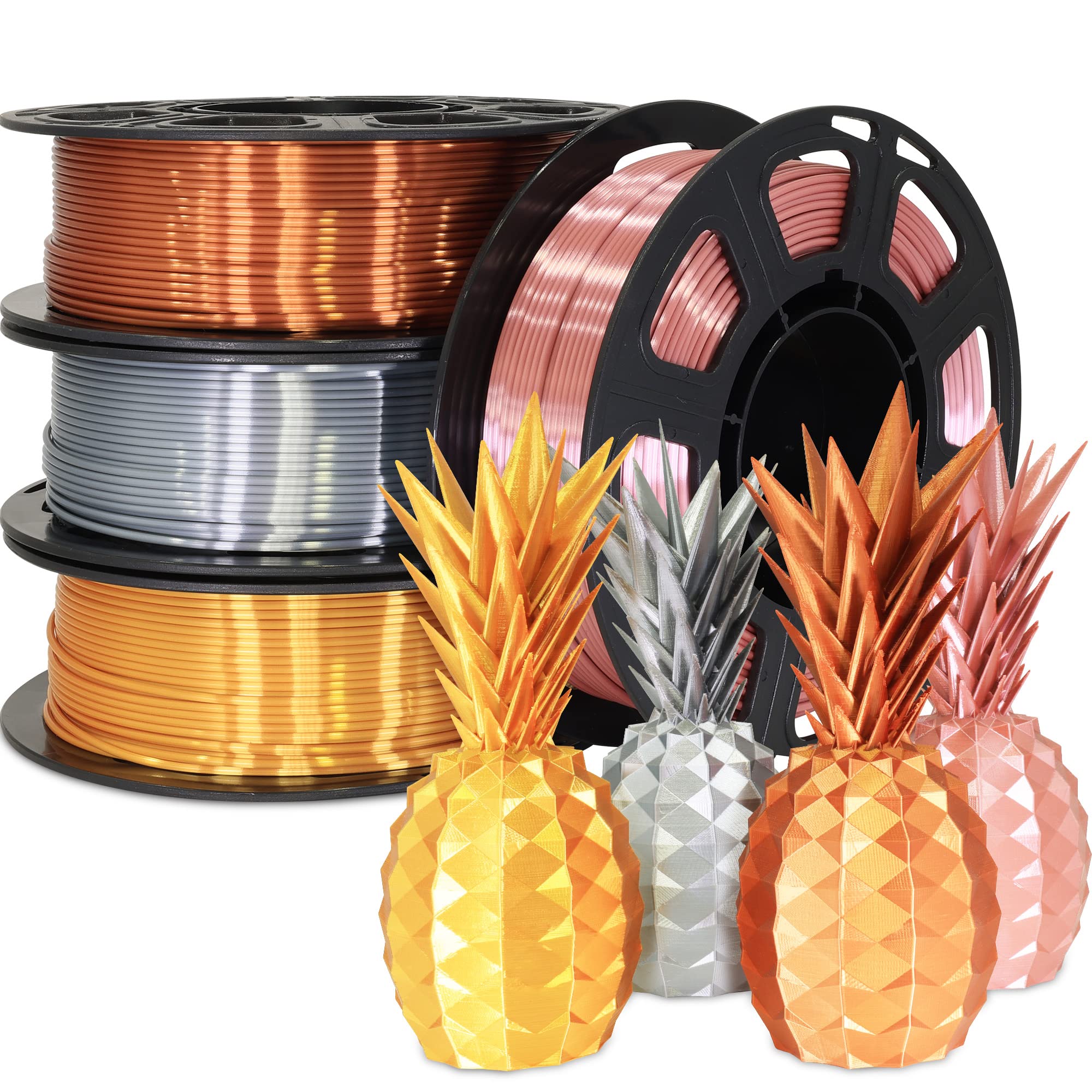 1.75mm 4 Spools Silk PLA 3D Printer Filament Bundle: Shiny Metallic Gold/Silver/Copper/Rose Gold, Each Spool 250g, Widely Fit fo