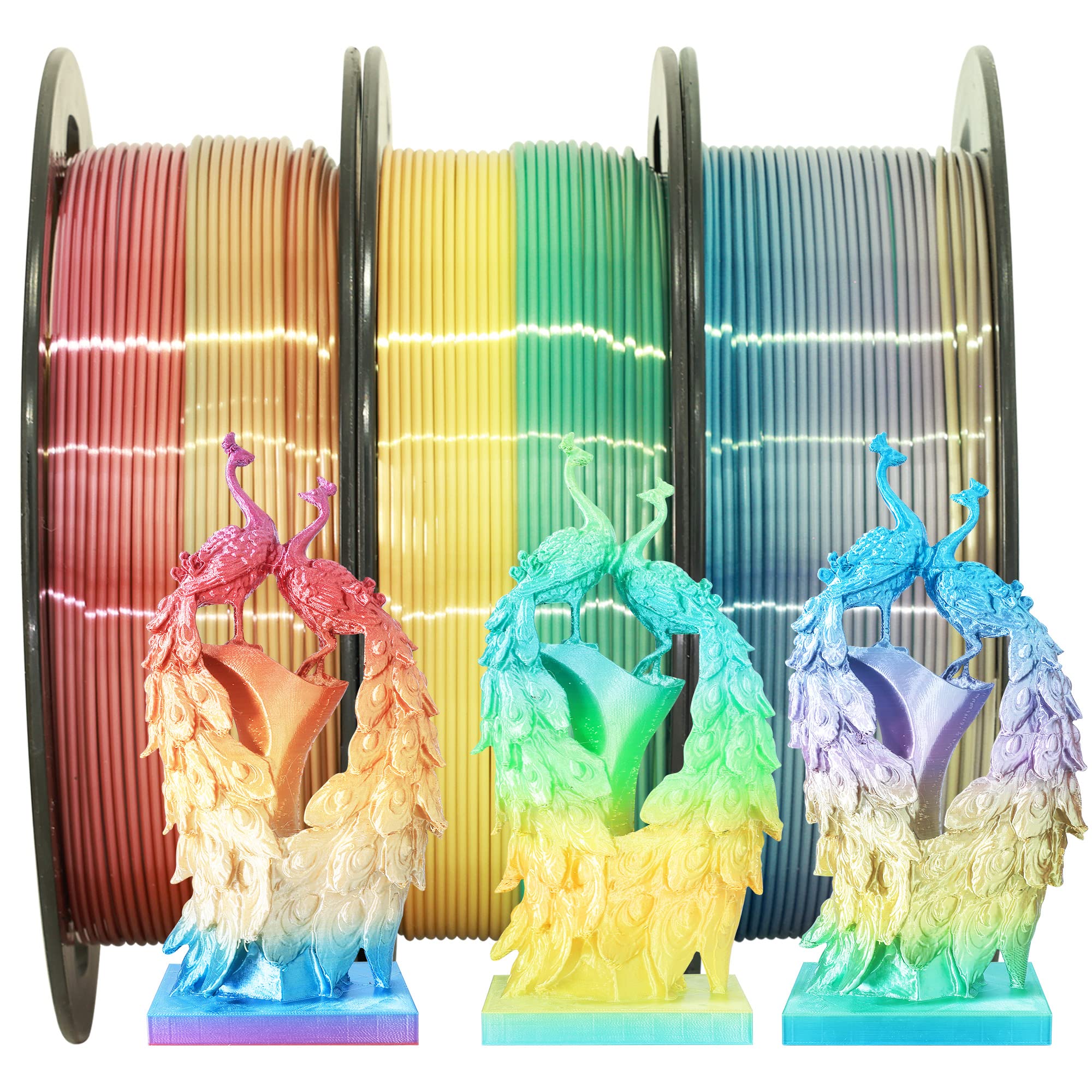 1.75mm Silk Fast Color Change Rainbow PLA, 3 Different Multi Color PLA Filament Bundle, Rainbow Orange-Red, Blue-Purple, Yellow-