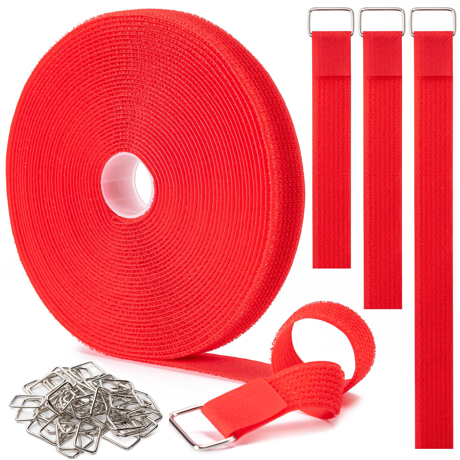 1 x32Ft Hook and Loop Straps with 50 Metal Buckles, Adjustable Fastening Cable Straps, Free Cut Length, Reusable Nylon Cable Tie